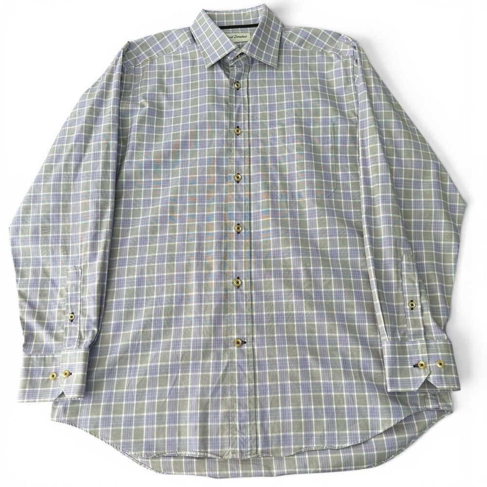 David Donahue Dress Shirt Mens Medium Purple Plaid Check Cotton Classic Fit - Picture 4 of 12